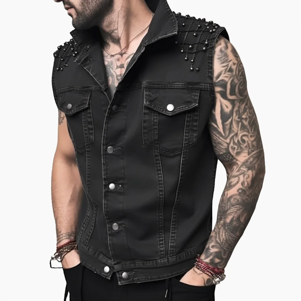 Men's Vintage Punk Denim Vest Sleeveless Jean Jackets with Rivets