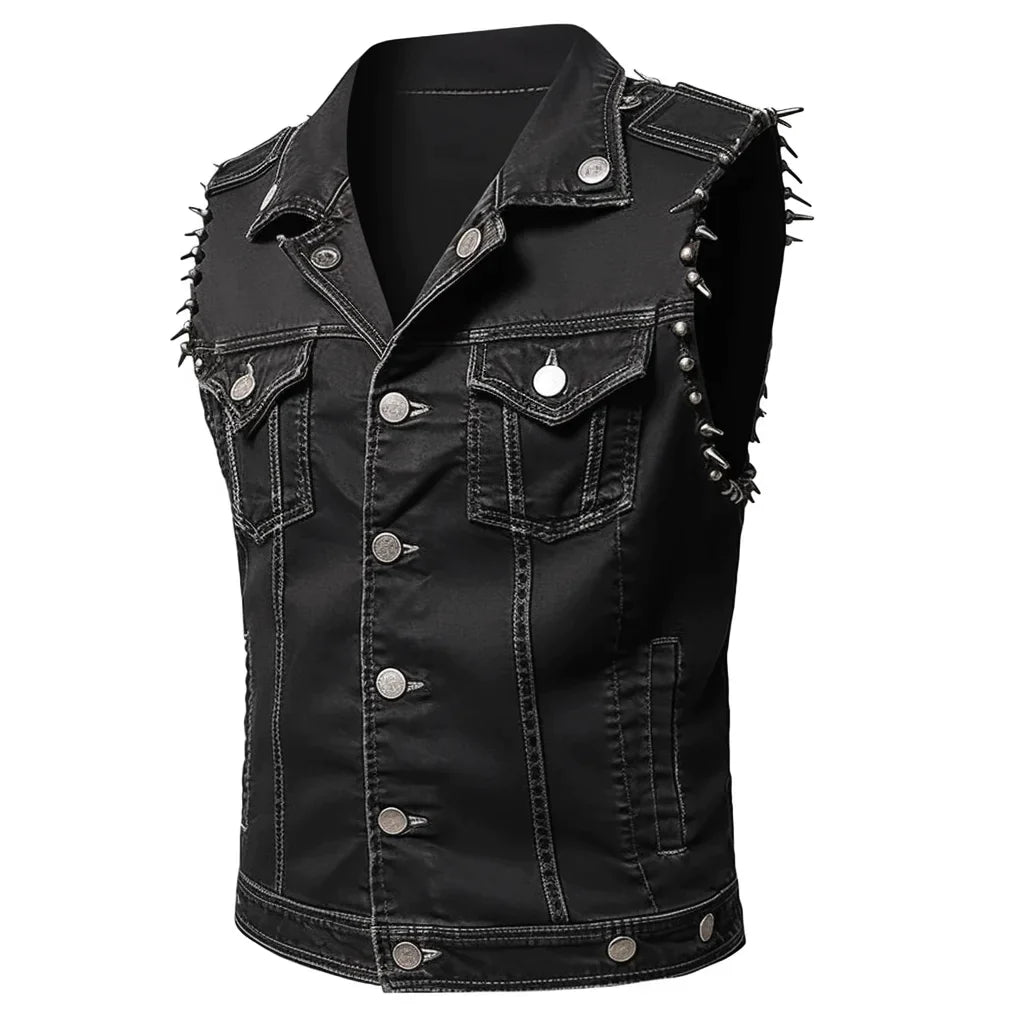 Men's Vintage Punk Denim Vest Sleeveless Jean Jackets with Rivets