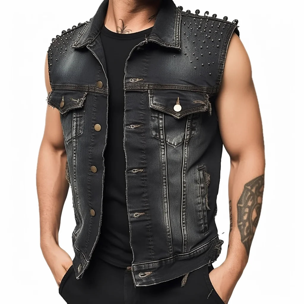 Men's Vintage Punk Denim Vest Sleeveless Jean Jackets with Rivets